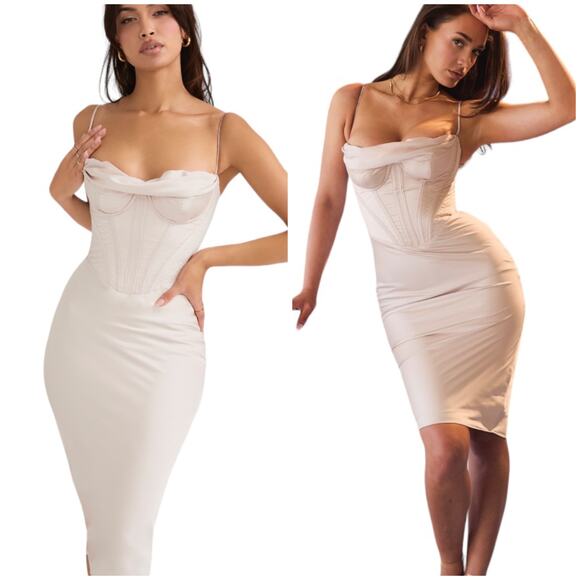 House of CB London NWT Myrna Cowl Neck Corset Slip Dress Crystal Satin Size XS+ - Picture 2 of 15